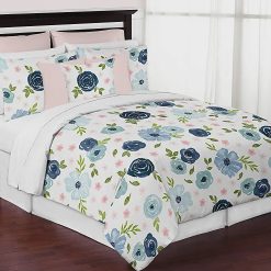 Navy Blue and Pink Watercolor Floral Bedding Sets
