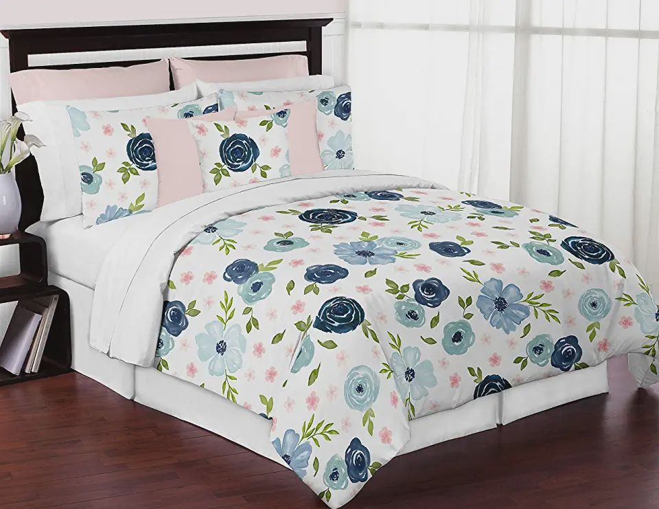Navy Blue and Pink Watercolor Floral Bedding Sets