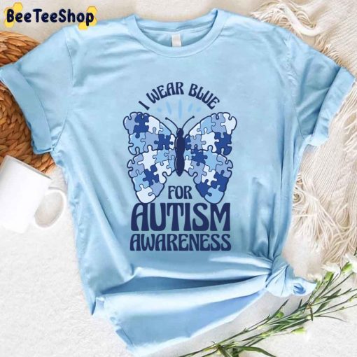 Blue Puzzle Butterfly I Wear Blue For Autism Awareness Unisex T-Shirt