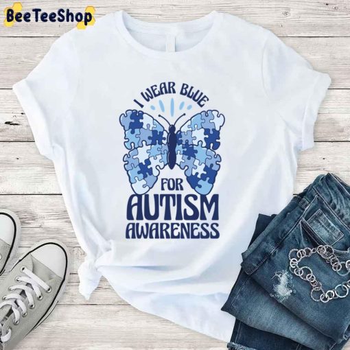 Blue Puzzle Butterfly I Wear Blue For Autism Awareness Unisex T-Shirt