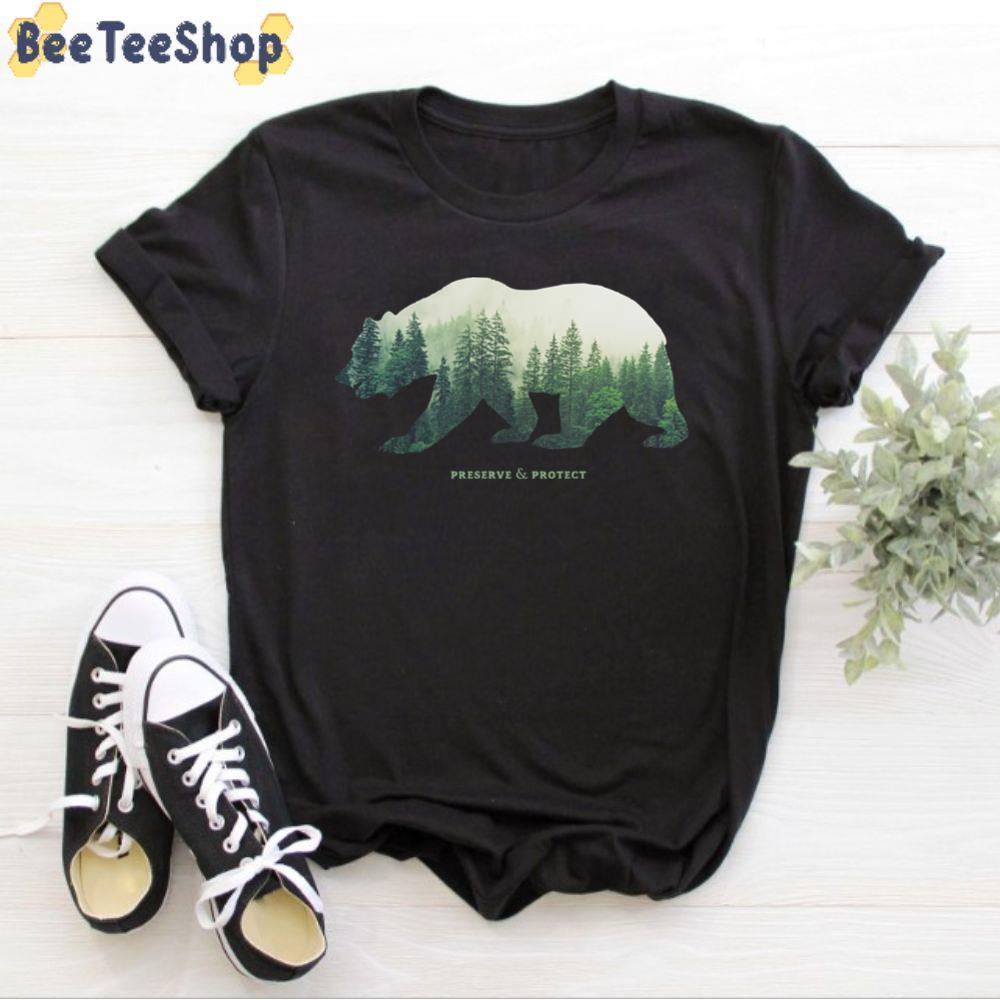 Preserve And Protect Nature Double Exposure Bear Silhouette Trees Forest Save The Environment Clim Unisex T-Shirt