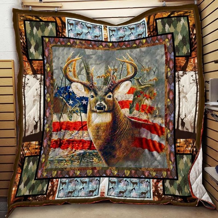 American Deer Hunting Flag Camo Quilt Blanket