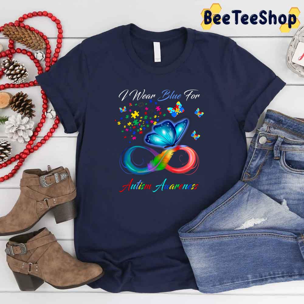 Blue Butterfly And I Wear Blue For Autism Awareness Unisex T-Shirt