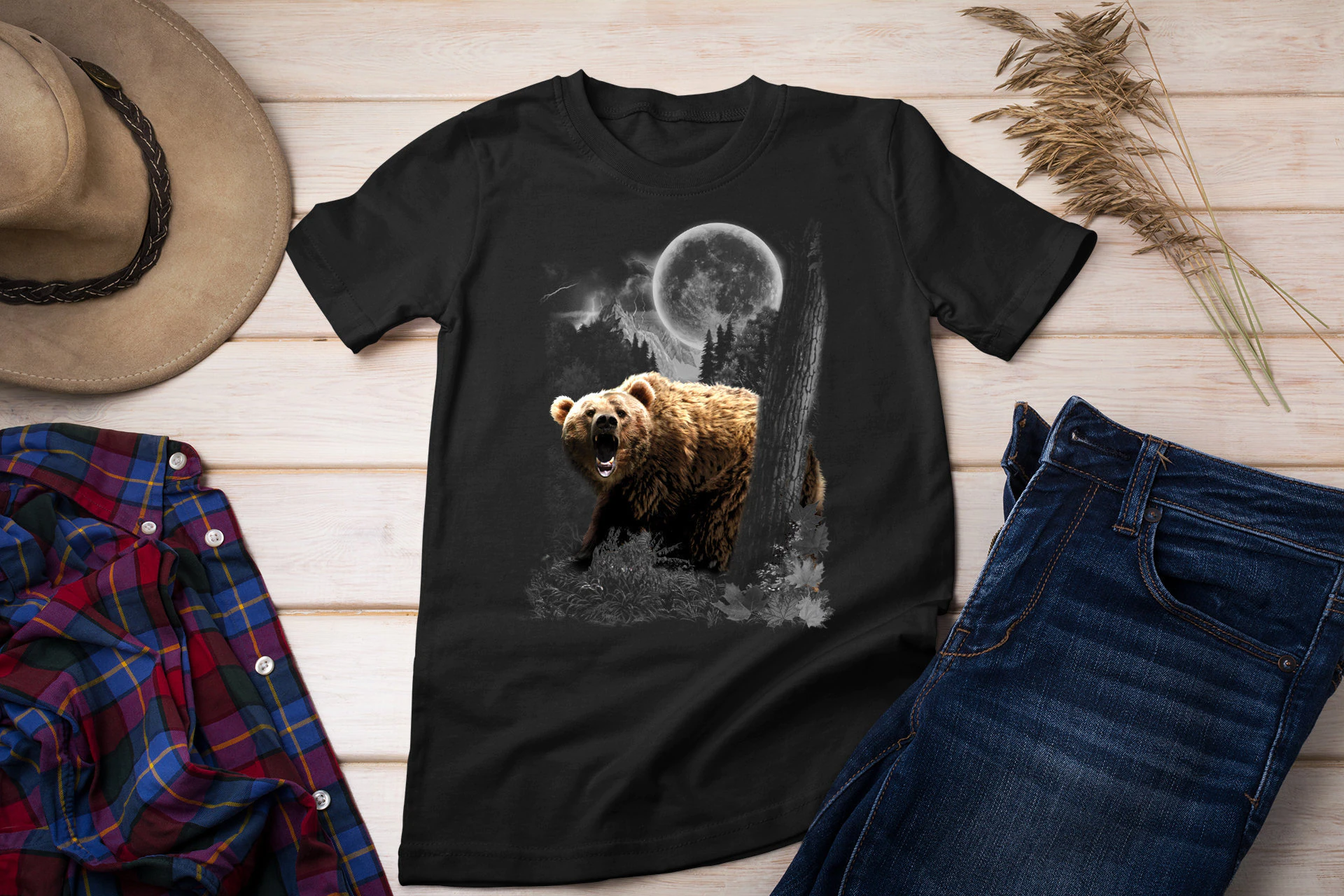 Brown Bear Moonlight Forest Unisex T-Shirt