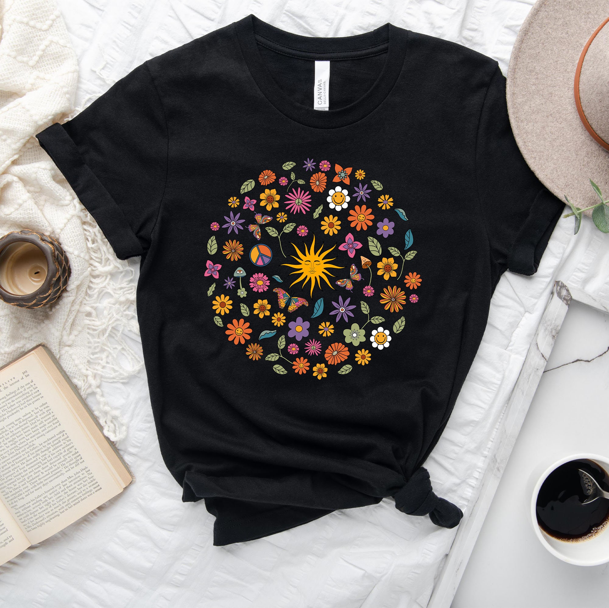 Butterfly Mushroom Peace Sign Sunflower Sun Indie Psychedelic Hippie Cute Unisex T-Shirt