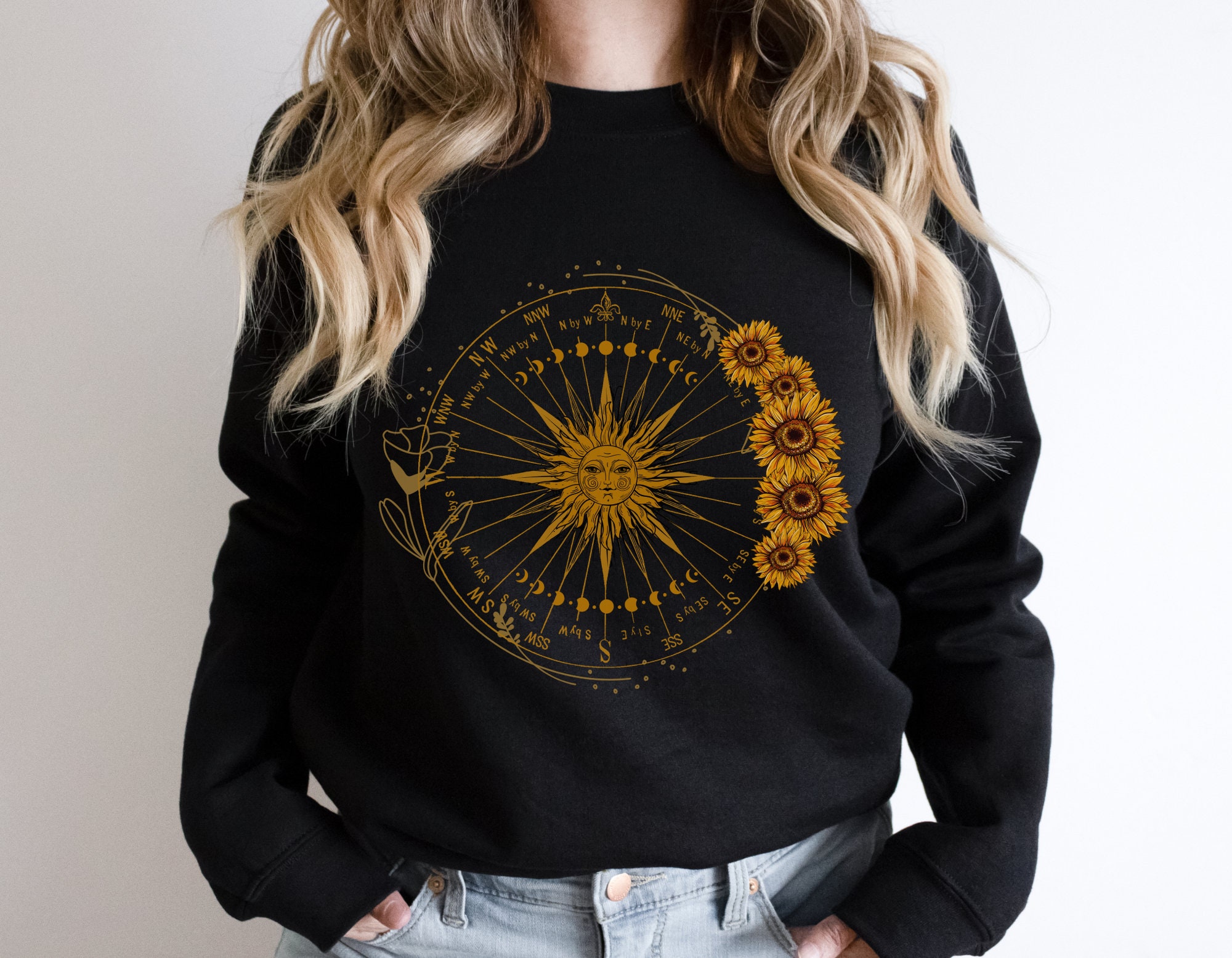 Celestial Sun Witchy Moon Phase Sunflower Hippie Unsiex T-Shirt