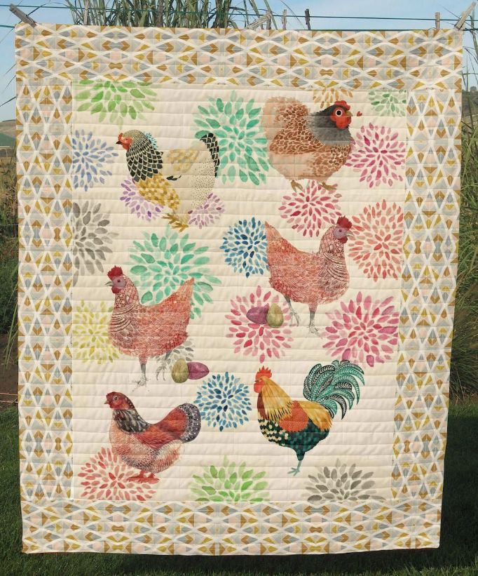 Chicken On Floral Yard Quilt Blanket