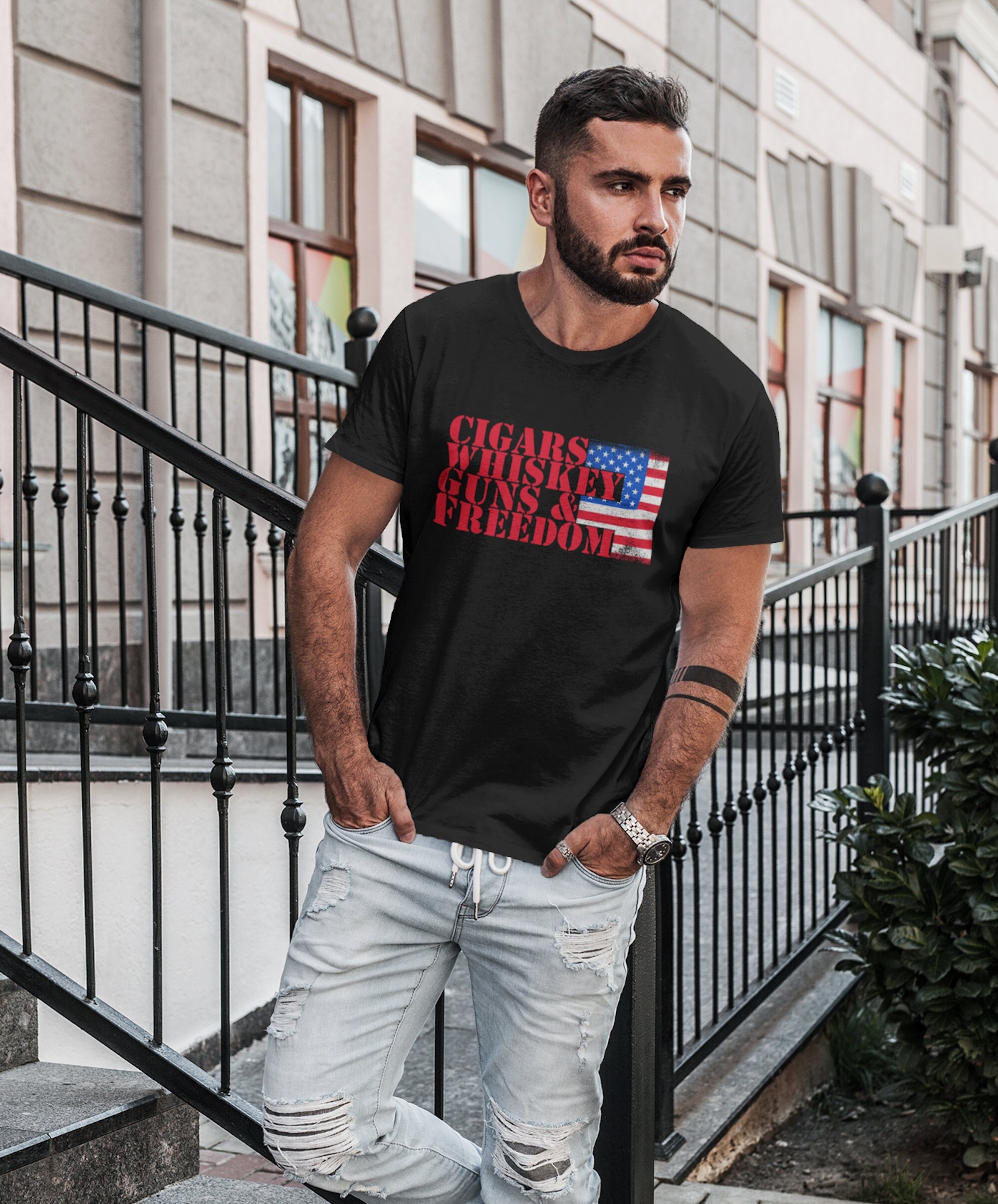 Cigars Whisky Guns & Freedom American Flag Unisex T-Shirt