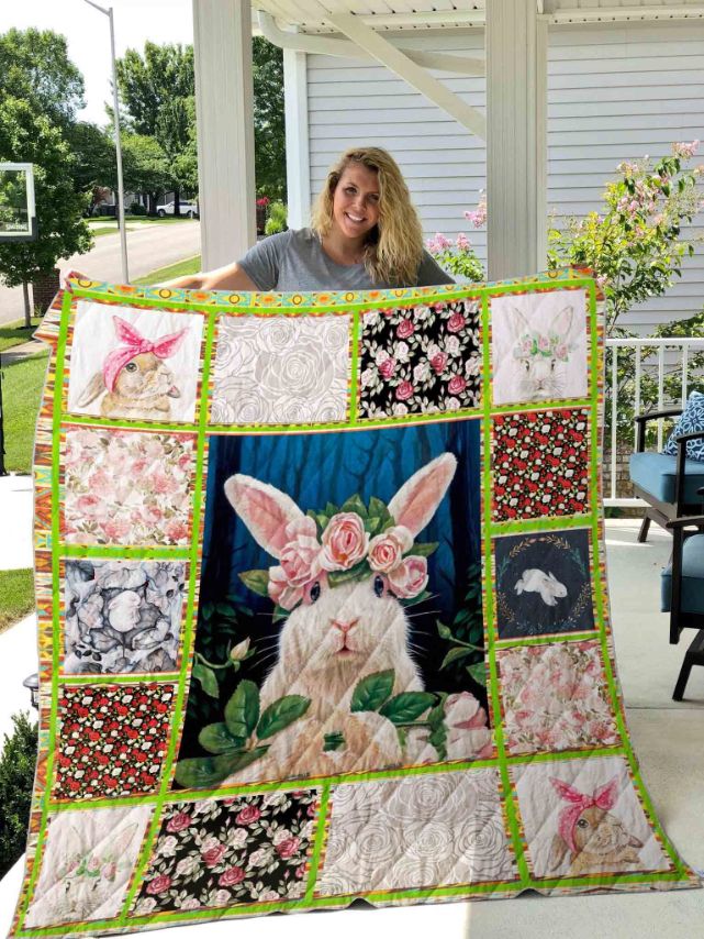 Cute Rabbit With Flowers Quilt Blanket