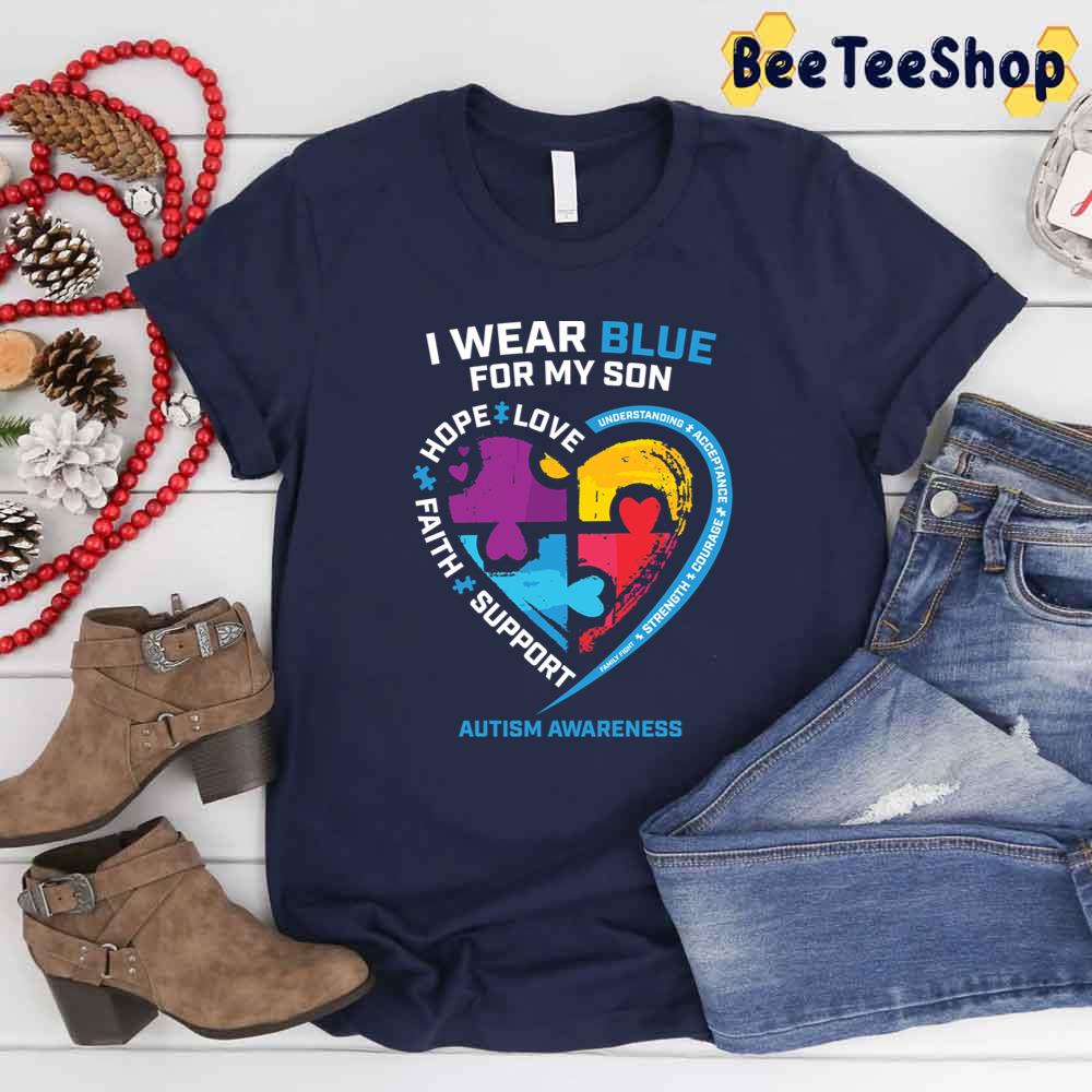 Heart Puzzle Piece I Wear Blue For My Son Autism Awareness Unisex T-Shirt