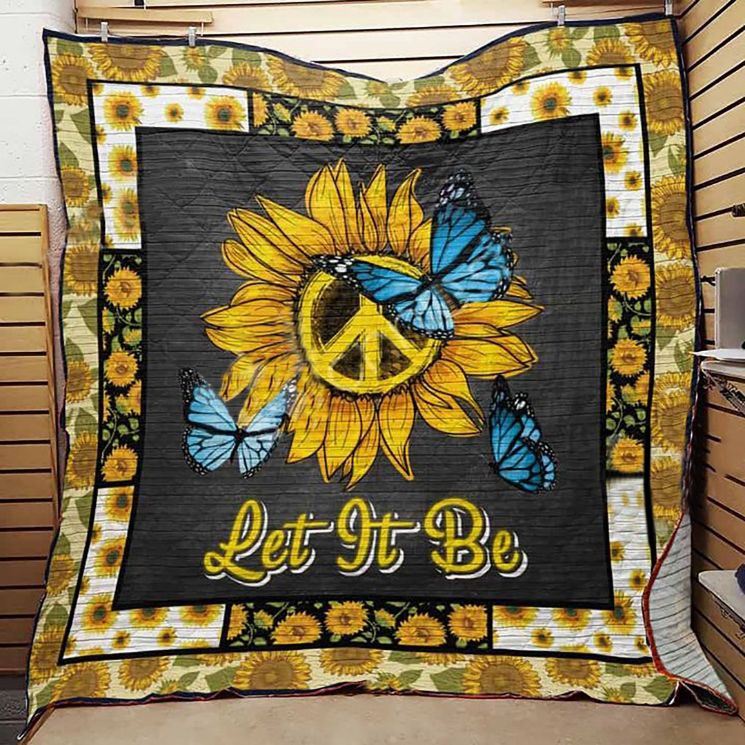 Hippie Sunflower Blue Butterfly Peace Symbol Quilt Blanket