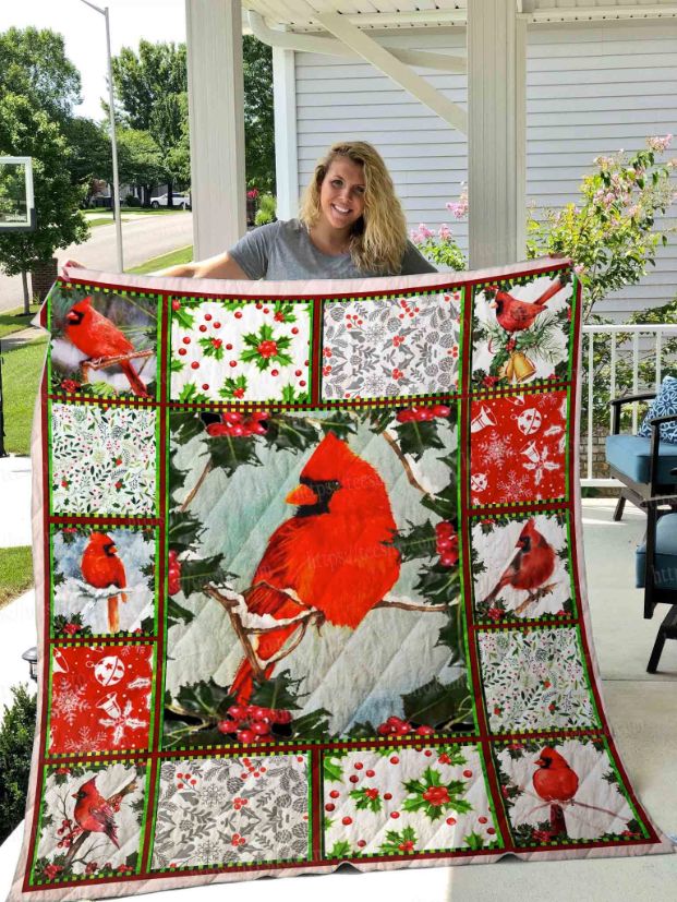 Merry Christmas Red Cardinal Quilt Blanket