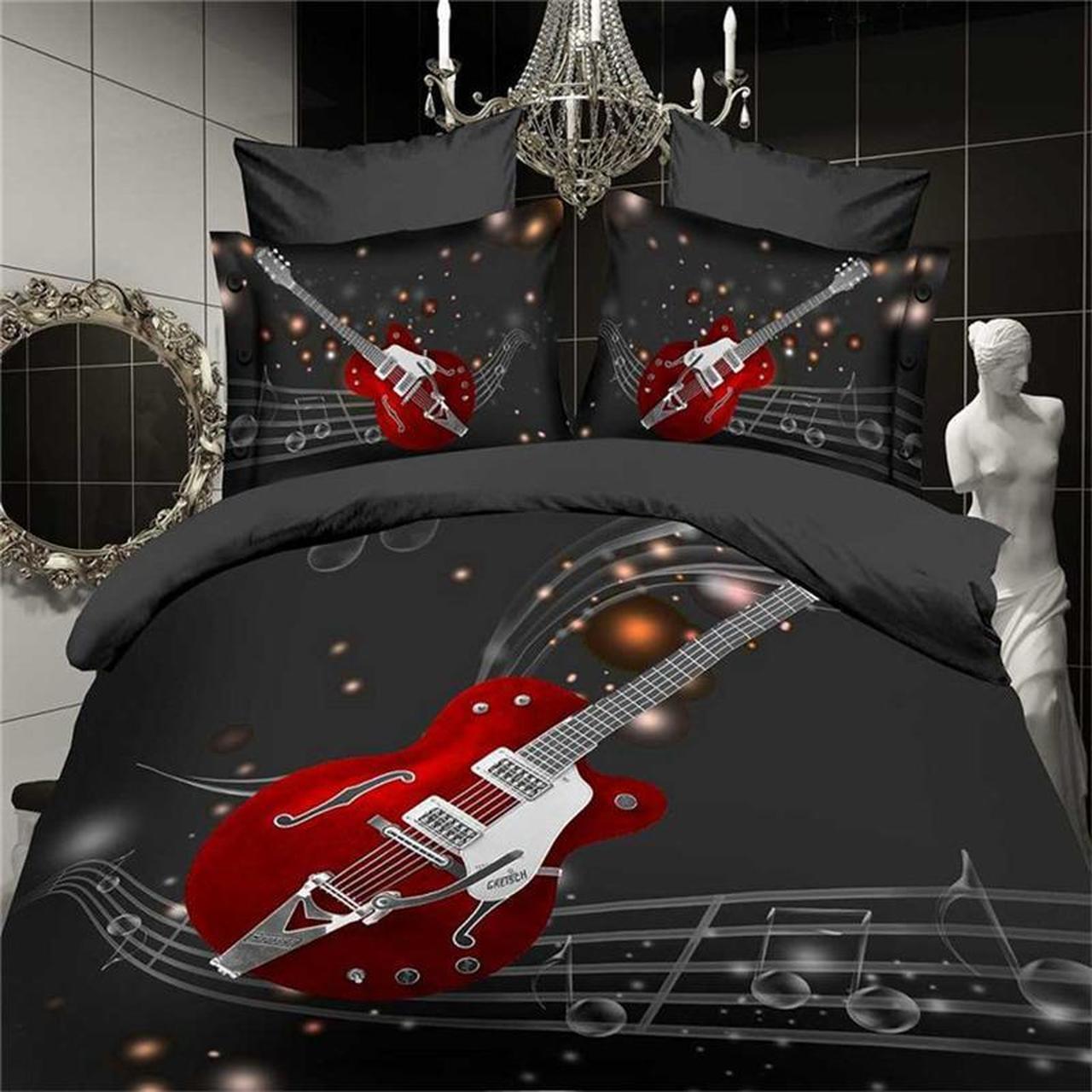 Music Notes Blackred Guitar Quilt Bedding Set