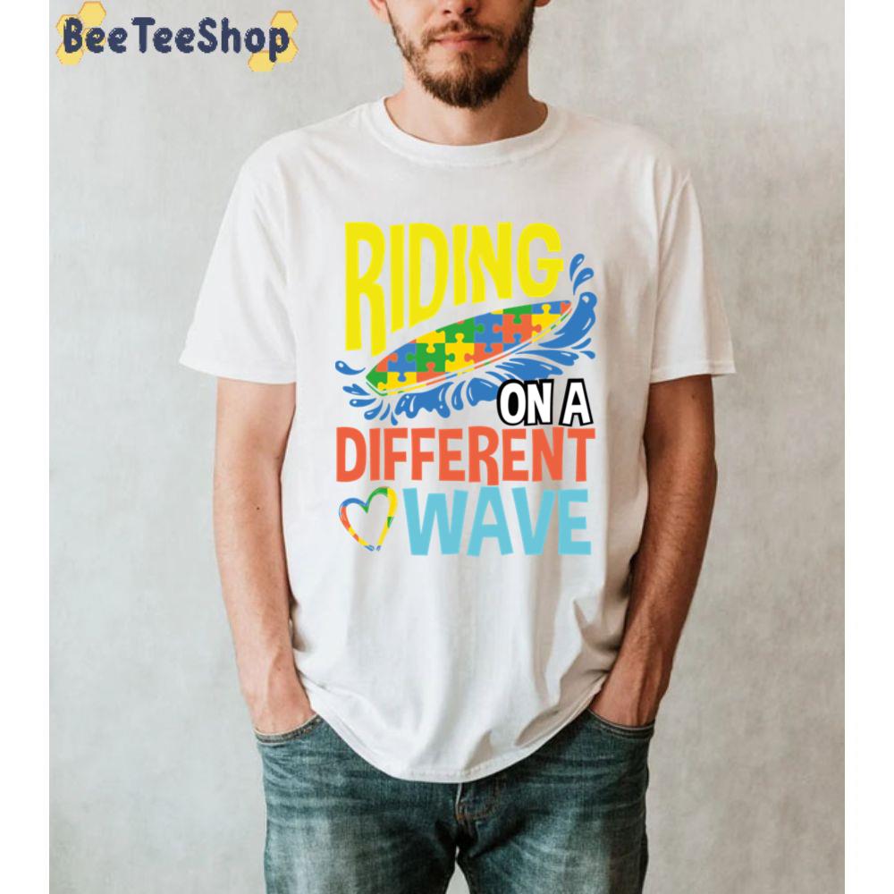 Riding On A Different Wave Ribbon Puzzle Autism Awareness Unisex T-Shirt