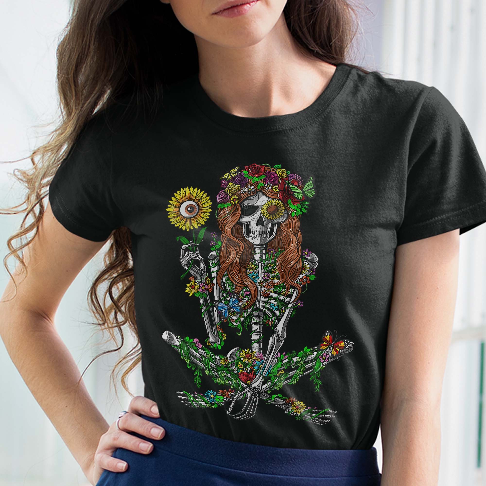 Skeleton Hippie Psychedelic Sunflower Nature Floral Women T-Shirt