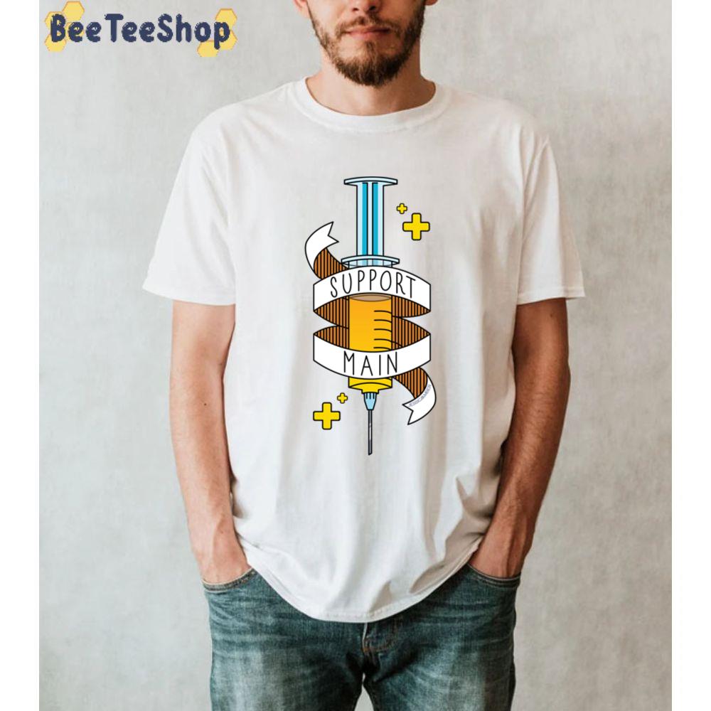 Support Main Gamer Art Fps Rpg Doctor Syringe And Banner Yellow Blue Game Unisex T-Shirt