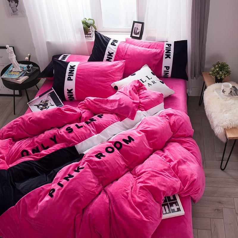 Victorias Secret Pink And Black Embroidery Flannel Bedding Set