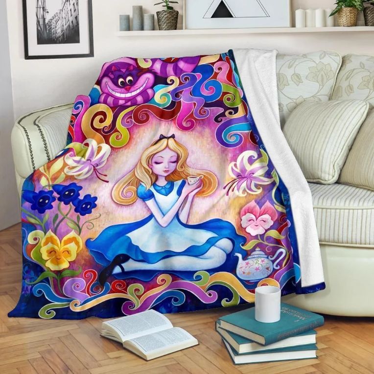 Alice In Wonderland Cartoon Fleece Blanket Gift For Fan, Premium Comfy Sofa Throw Blanket Gift