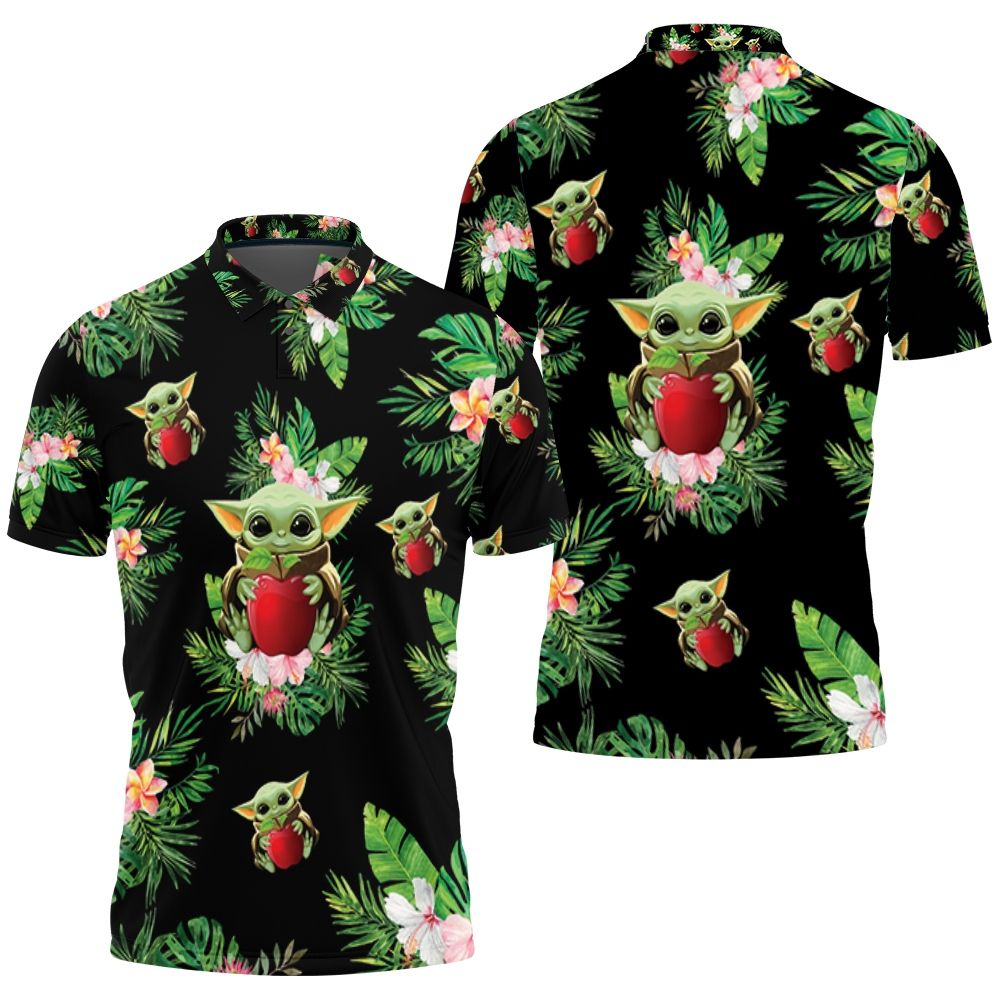 Baby Yoda Hugging Apples Seamless Tropical Green Leaves On Black Polo Shirt All Over Print Shirt 3d T-shirt