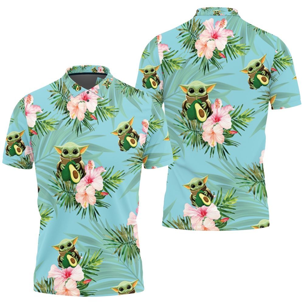 Baby Yoda Hugging Avocadoes Seamless Tropical Colorful Flowers On Teal Polo Shirt All Over Print Shirt 3d T-shirt