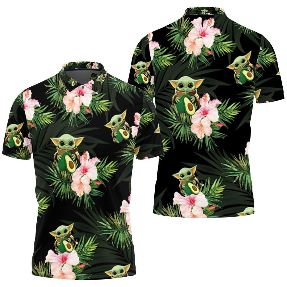 Baby Yoda Hugging Avocadoes Seamless Tropical Flowers And Green Leaves On Black Polo Shirt All Over Print Shirt 3d T-shirt