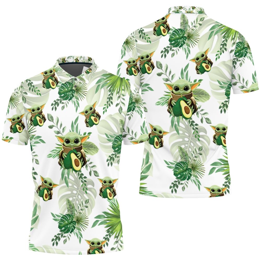 Baby Yoda Hugging Avocadoes Seamless Tropical Green Leaves On White Polo Shirt All Over Print Shirt 3d T-shirt