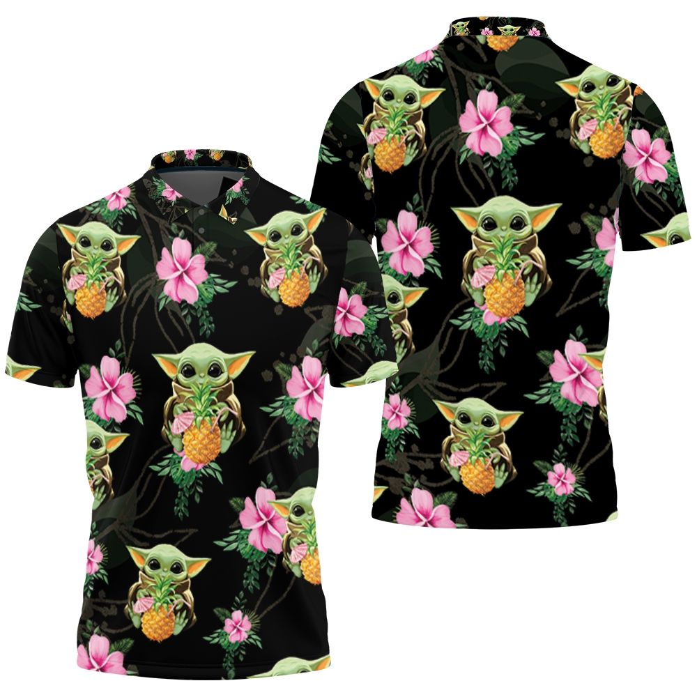 Baby Yoda Hugging Pineapples Seamless Tropical Colorful Flowers On Black Polo Shirt All Over Print Shirt 3d T-shirt