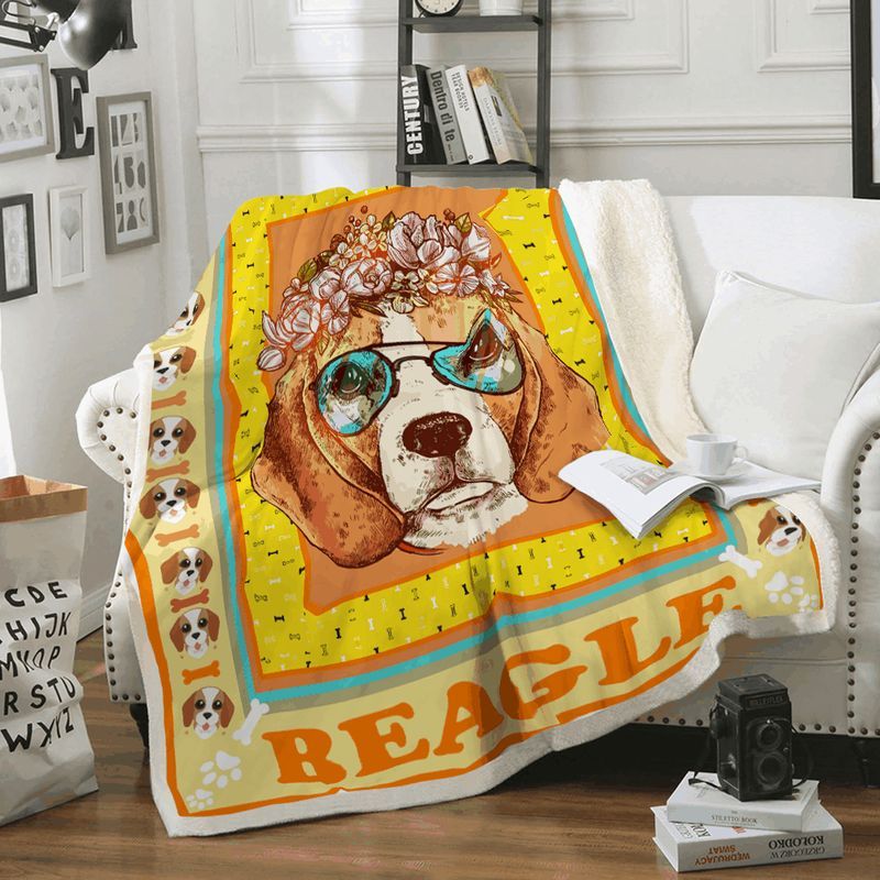 Beagle Flower And Sunglasses Premium Comfy Sofa Throw Blanket