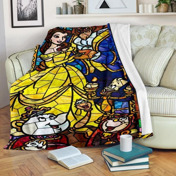 Beauty And The Beast Stained Glass Graphic Style Fleece Blanket Gift For Fan, Premium Comfy Sofa Throw Blanket Gift