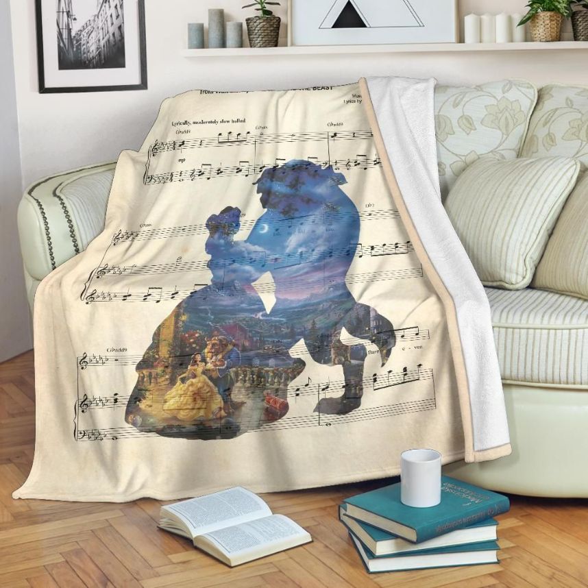 Beauty & The Beast Silhouette Music Lyric Fleece Blanket Gift For Fan, Premium Comfy Sofa Throw Blanket Gift