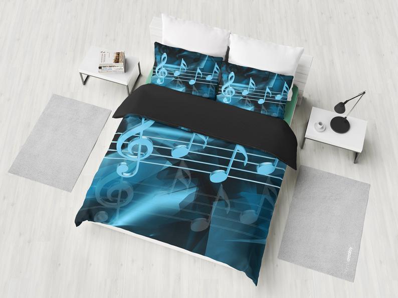 Blue Music Musical Notes Black Bedding Set