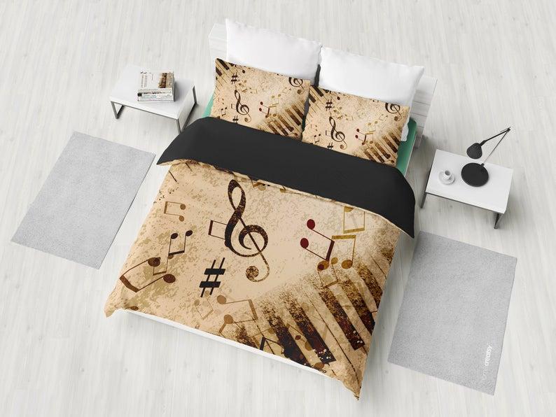 Brown Tan Vintage Piano Music Musical Notes Bedding Set