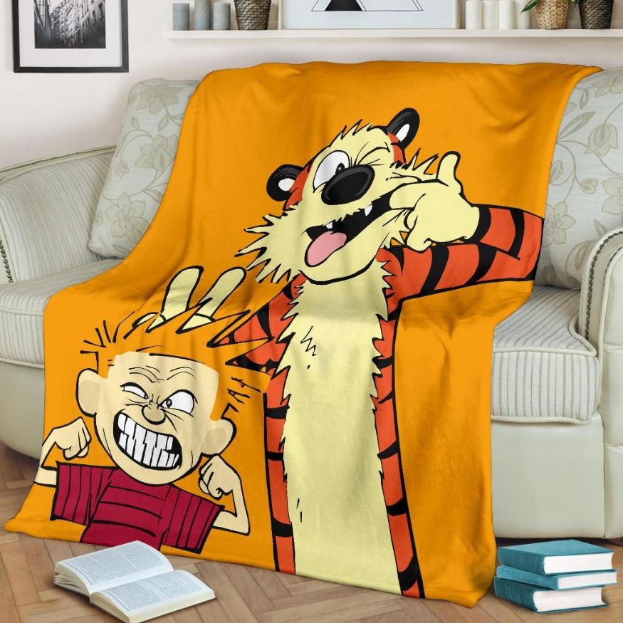 Calvin And Hobbes Orange Fleece Blanket Gift For Fan, Premium Comfy Sofa Throw Blanket Gift