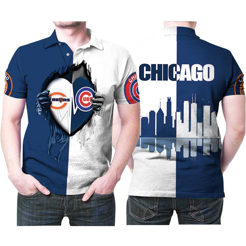 Chicago Bears And Chicago Cubs Heartbeat Love Ripped Team Logo 3d Designed Allover Gift For Bears Fans Cubs Fans Polo Shirt