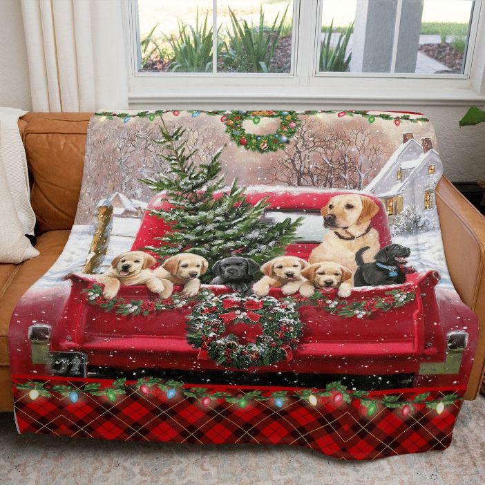 Christmas Gift , Merry Christmas Dog In Red Truck Comfy Sofa Throw Blanket Gift