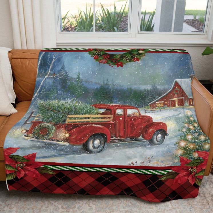 Christmas Gift , Red Truck Christmas Tree In Night Comfy Sofa Throw Blanket Gift