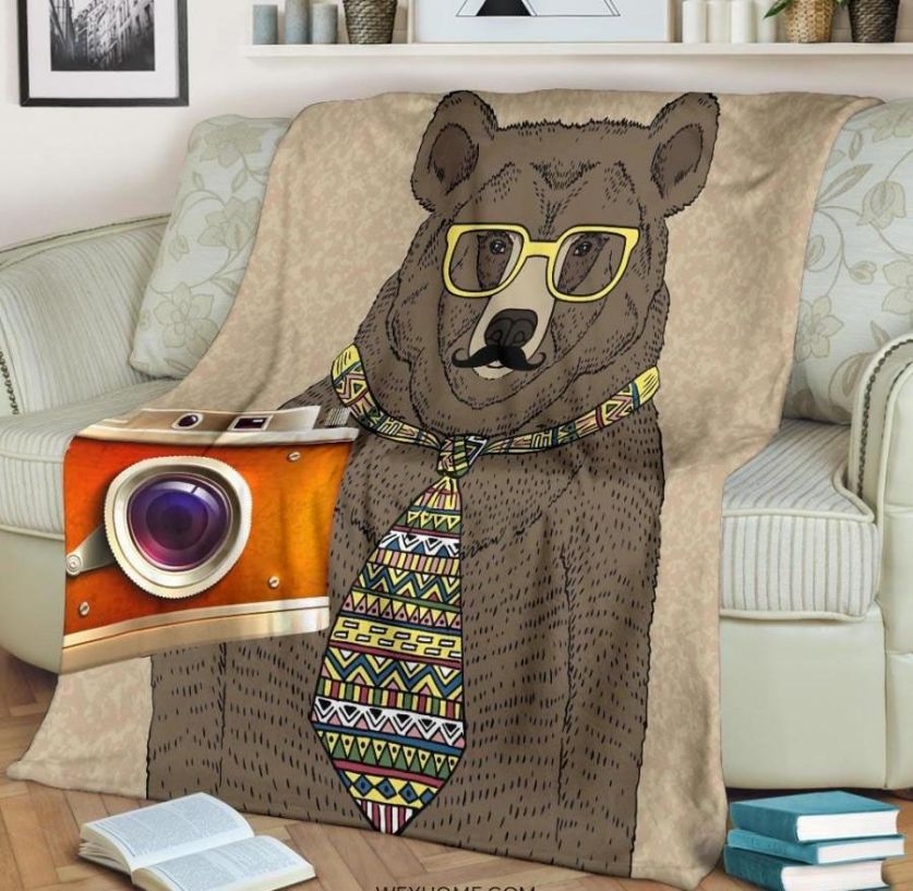 Cute Photographer Bear With Tie And Glasses Best Seller Fleece Blanket Gift For Fan, Premium Comfy Sofa Throw Blanket Gift