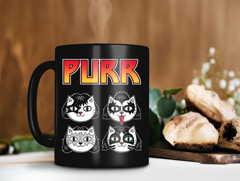 Kiss Purr Cat Mug Kiss Band Lover Mug Hard Rock Band Mug Cat Lover Coffee Mug Kiss Band Premium Sublime Ceramic Coffee Mug Black