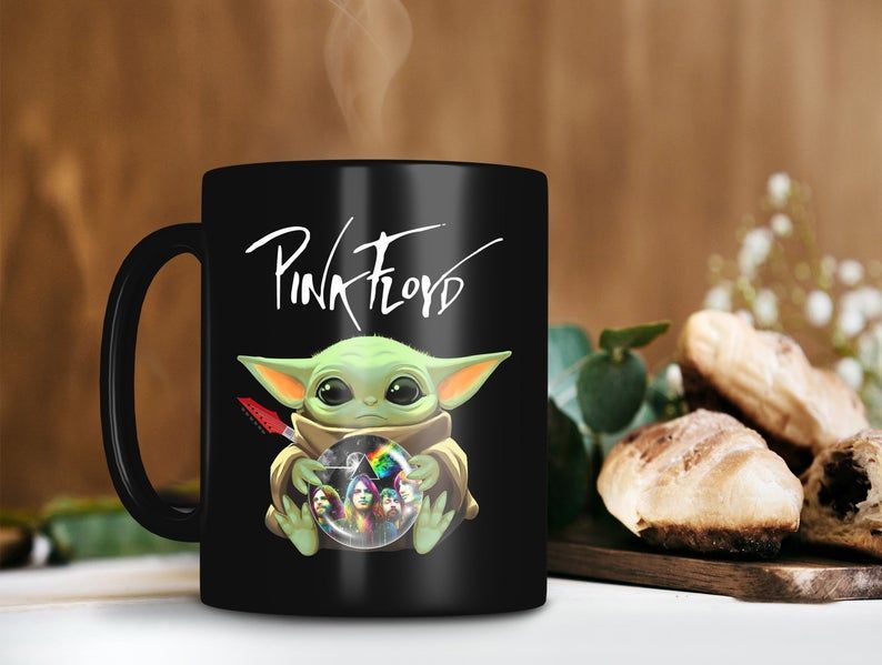 Pink Floyd In Baby Yoda Hand Mug Rockband Mug The Mandalorian Mug Christmas Mug Premium Sublime Ceramic Coffee Mug Black