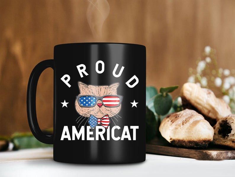 Proud Americat Mug American Flag Sunglasses Mug Cute Cat Coffee Mug Cat Gang Mug Cat Lover Premium Sublime Ceramic Coffee Mug Black