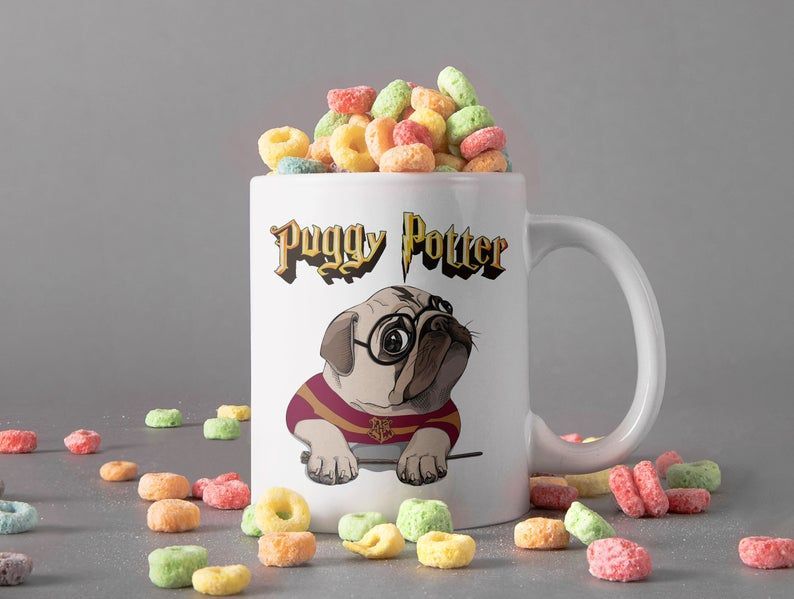 Puggy Potter Dog’s Mug Harry Potter Mug Hogwarts School Lover Mug Magic Pug Mug Premium Sublime Ceramic Coffee Mug White