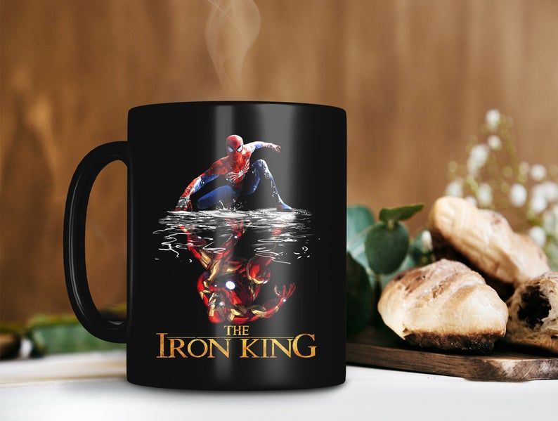 The Iron King Iron Man And Spider Man Mug Marvel Lover Mug Tony Stark Mug Peter Parker Premium Sublime Ceramic Coffee Mug Black