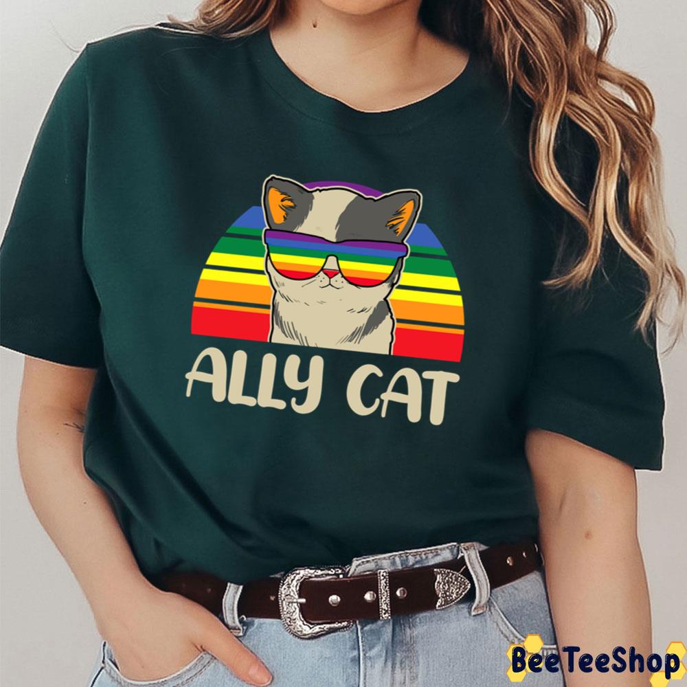 Vintage Sunset Pride Allyship Cat Happy Pried Month Unisex T-Shirt