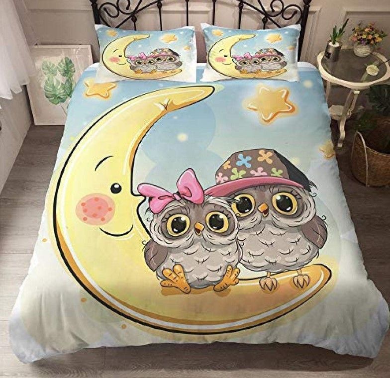 3D Cute Owl On The Moon Cotton Bedding Sets