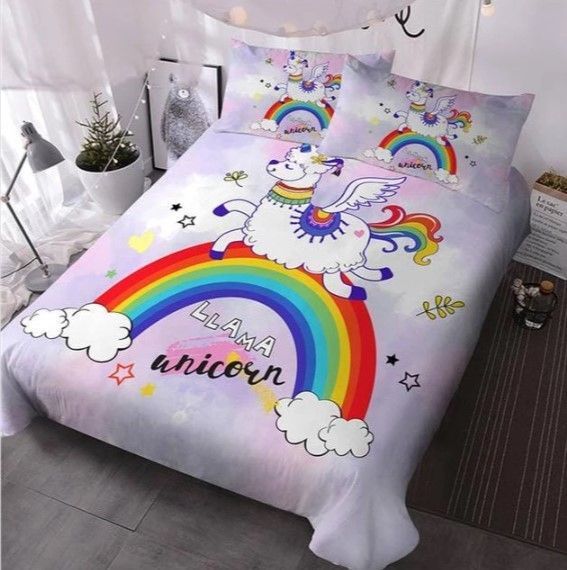 3D Llama Unicorn Run Over The Rainbow Cotton Bedding Sets