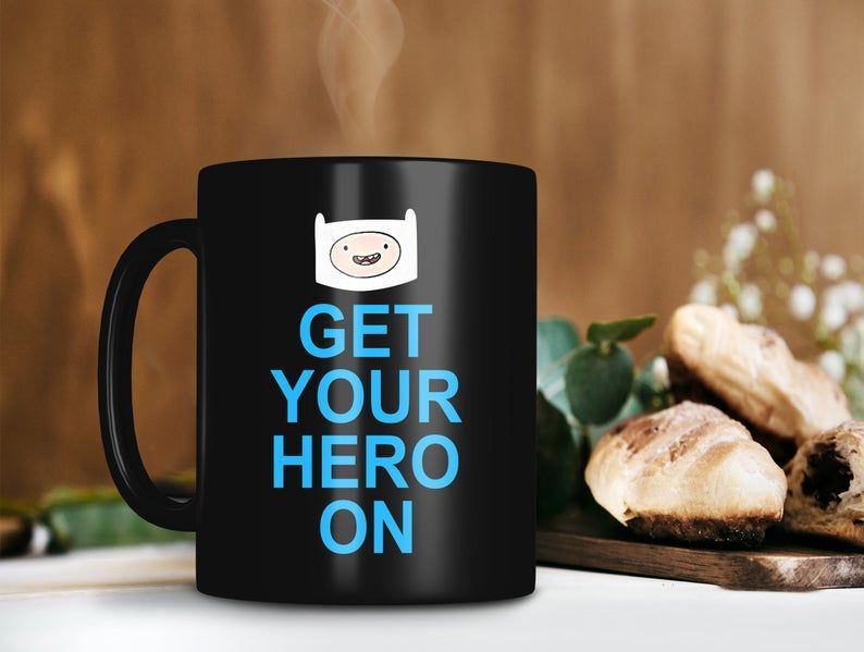 Adventure Time Finn Get Your Hero On Mug Adventure Time Lover Mug Finn Coffee Mug Get Your Hero On Premium Sublime Ceramic Coffee Mug Black