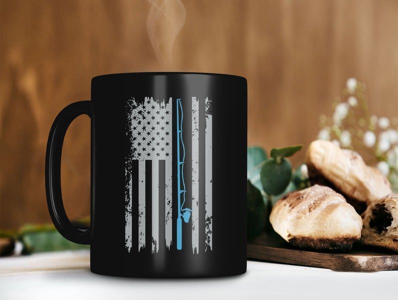 American Blue Flag Fishing Rod Mug Fishing Lover Mug Fishing Premium Sublime Ceramic Coffee Mug Black