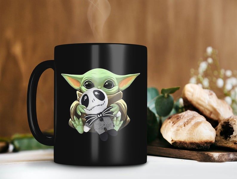 Baby Yoda Hold Baby Jack Skellington Mug The Mandalorian Mug Star Wars Gift Halloween Coffee Mug Premium Sublime Ceramic Coffee Mug Black