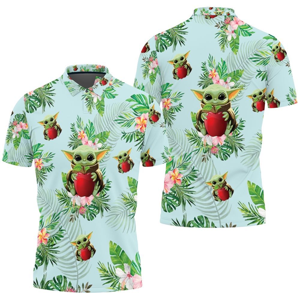 Baby Yoda Hugging Apples Seamless Tropical Green Leaves On Green Polo Shirt All Over Print Shirt 3d T-shirt