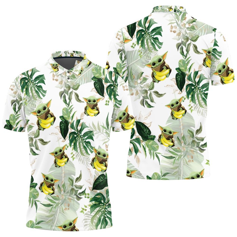 Baby Yoda Hugging Bananas Seamless Tropical Green Leaves On White Polo Shirt All Over Print Shirt 3d T-shirt